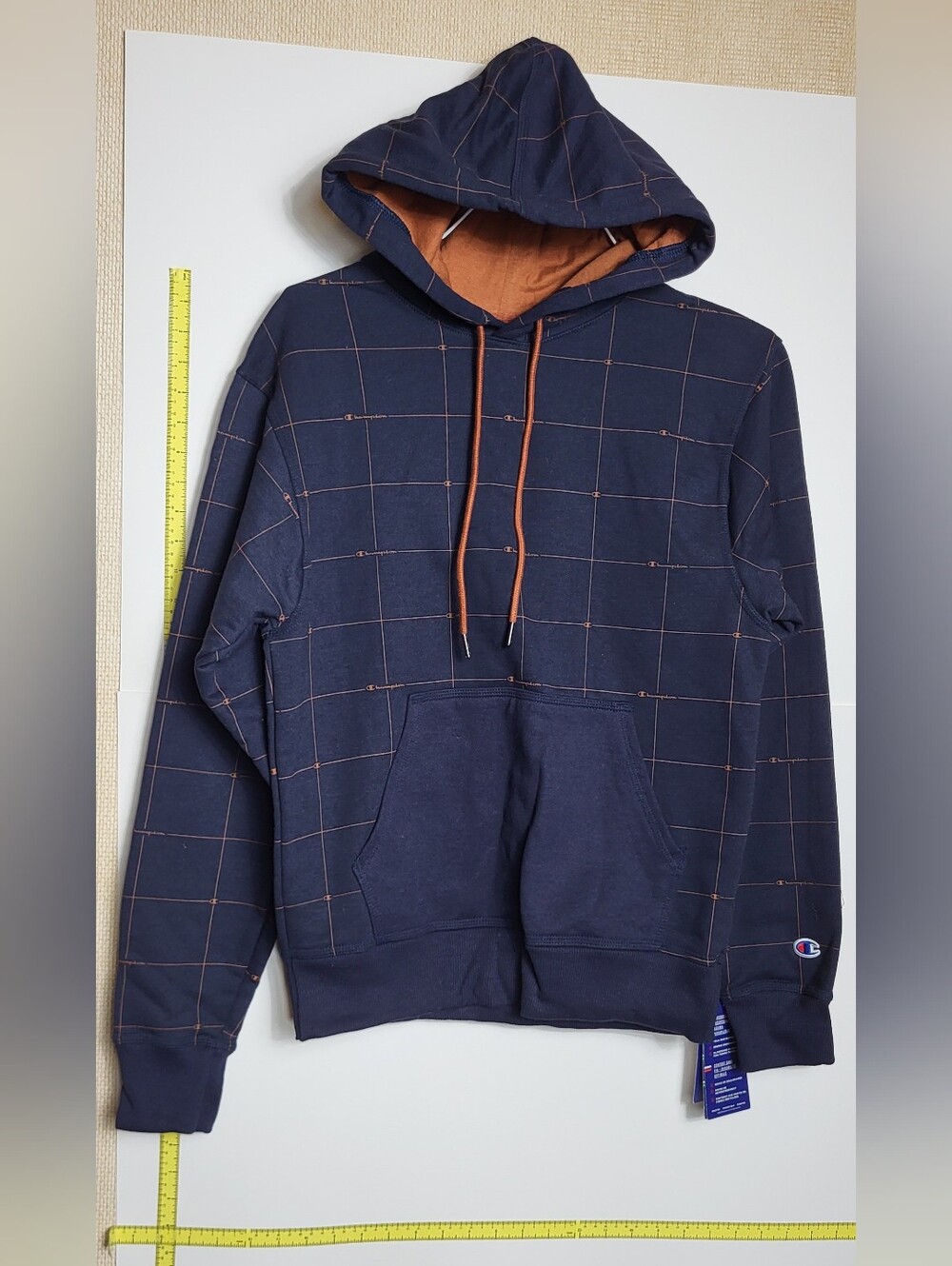 New Champion Powerblend Men Plaid Pullover Hoodie Pouch Pocket S Navy Drawstring